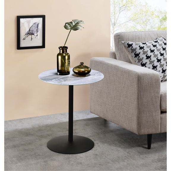 Gray Marble Textured 17.5" End Table, 3-d Printed, Steel Base, And Compact Decorated, Support