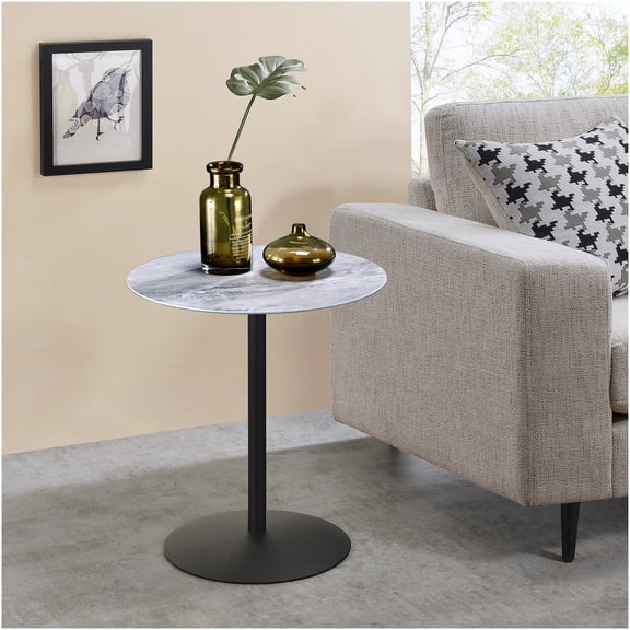 Gray Marble Textured Glass Top End Table with Steel Base for Living Room
