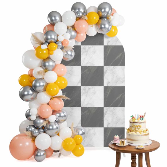 Gray Marble Tiles Boho Arch Backdrop Cover 4 Ft Abstract White Checkered Geometric Plaid Spandex Fitted Stretchy Arch Cover, Round Top Chiara Backdrop Cover for Wedding Birthday
