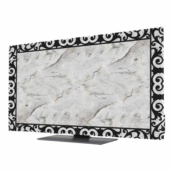 Gray Marble Vintage TV Cover for 24 Inch Screen,Stretch Fabric Dustproof TV Display Protector,Modern Abstract Art Floral Border Elastic Slipcover Monitor Cover for Indoor Desktop Computer 20.9"x11.8"