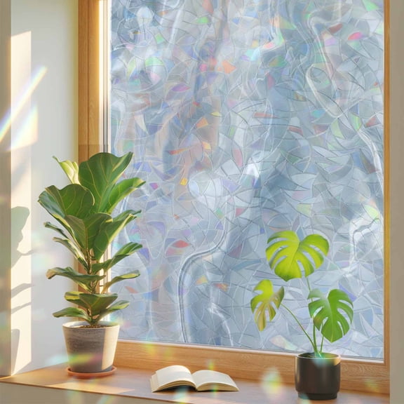 Gray Marble Window Privacy Film, Fluid Art Abstract Modern Stained Glass Rainbow Film Decorative Window Clings, Static Cling Sun Blocking Stickers 19.6" x 39.3"
