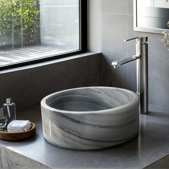 Gray Marmara Marble Cylindrical Vessel Sink – 16.53 x 16.53 Inch Hand-Carved Round Marble Bathroom Sink, Polished Stone Vanity Basin for Modern and Luxury Bathrooms
