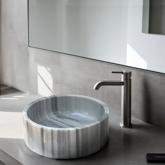 Gray Marmara Vessel Sink – Handcrafted Cylindrical Bathroom Basin, 15.94 Inch Polished Natural Stone Sink with Unique Veining, Durable Marble Vanity Sink for Modern Bathrooms