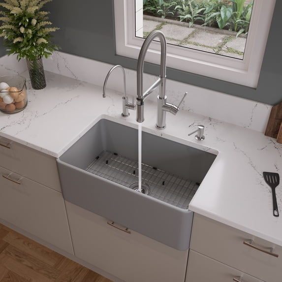 Gray Matte Smooth Apron 30" x 18" Single Bowl Fireclay Farm Sink