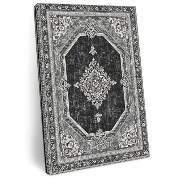 Gray Medallion Canvas Wall Art for Living Room, Vintage Dark Grey Floral Border Scroll Classic Poster Print Painting for Desk Vanity Narrow Stair Wall Decoration Wall Pictures Prepare To Hang 8"x10"