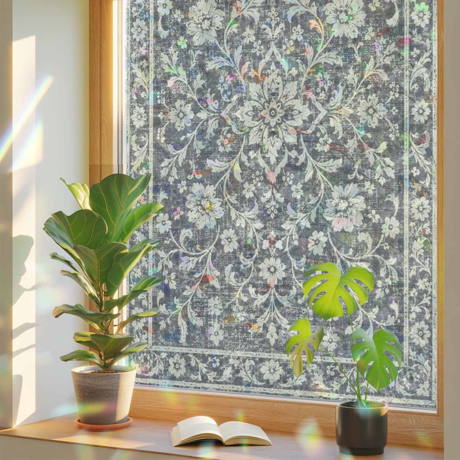 Retro Grey Sticker Gray Medallions Window Privacy Film, Vintage Classic Floral Arabesque ...