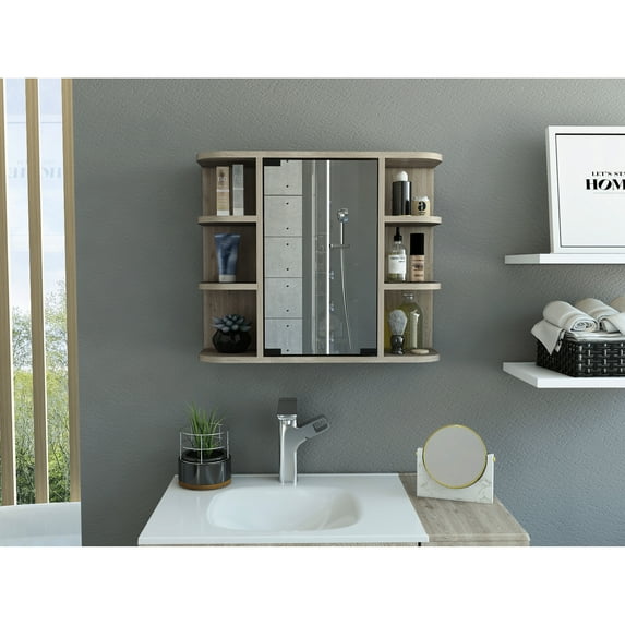 Gray Medicine Cabinet With Three Internal Shelves And Six External Mirror For Contemporary Bathroom In Gray, 20" Height X 23.6" Width, 6 Mirror, 3 & Open Per Side