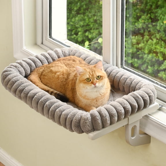 Gray Medium Cloud Cuddle Cat Window Perch Hammock Bed, 4-Sided Bolster Window Seat with Zipper Removable Cushion, Sturdy Metal Frame Easy Assembly Indoor Pet Window Sill Bed for Cats