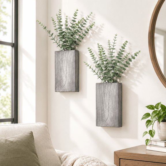 Gray Medium Paulownia Wood Wall Planter Set with Plastic Eucalyptus, 2 Pack