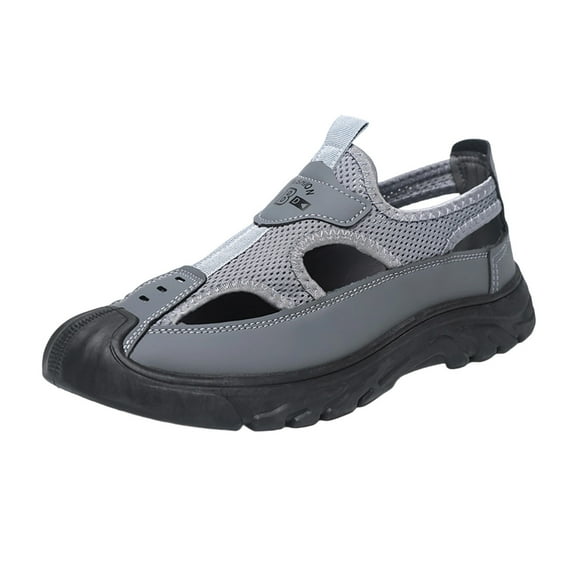 Gray Men'S Sandals Closed Toe Slip-On Breathable Mesh Soft Leather Soft Sole Lightweight Outdoor Casual Summer Spring Fashion Footwear Size 40