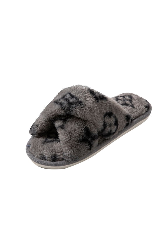 Gray Men Women Couples Clover Print Curly Slippers Indoor Outdoor Fashion Casual Comfortable Warm Walking Shoes 100 Polyester Upper
