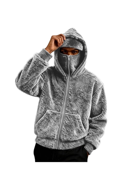 Gray Mens Brunch Zip Up Jacket Hoods Outfit Sweatshirt for Man Long Sleeve Thermal Fuzzy Plain Fall Winter Jacket 2026 3XL