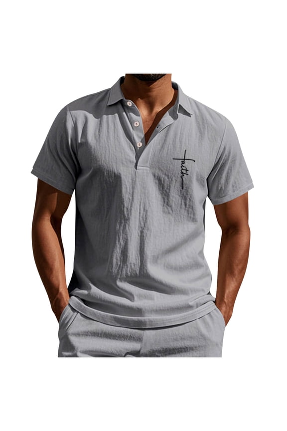 Gray Mens Casual Button Tshirts Short Sleeve Tee Tops for Man Collared Turtleneck Neck Faux Linen Christian Graphic Basic Summer Fall Tee Shirt 2026 Clothing L