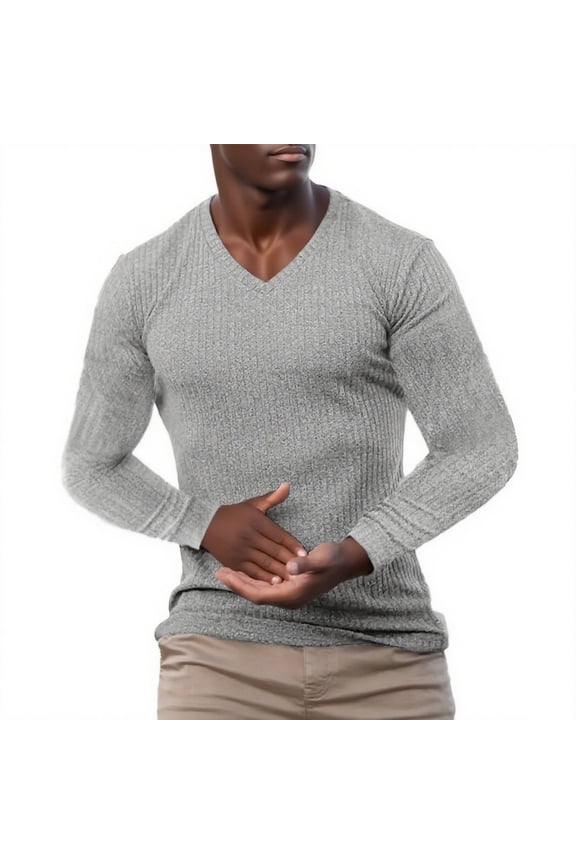 Gray Mens Long Sleeve Tshirts Tee Tops for Mens Vneck Sweater Sport Gym Casual Running Crochet Striped Cable Knit Plain Fall Summer Shirts 2026 Soft Comfy Clothing XL