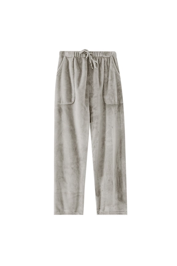 Gray Mens Ruched Warm Straight Leg Elastic Waist Plain Long Leg Loose Fit Pants Pajamas Pjs for Mens Fleece Lined Wool Flannel Lounge Winter Fall Pajamas 2026 XL