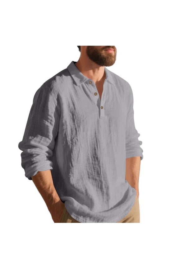 Gray Mens Work Modest Casual Uniform Button Up Tops Long Sleeve Blouse for Mens Collared Turtleneck Neck Faux Linen Loose Fit Cardigan Basic Summer Fall Shirts 2026 3XL