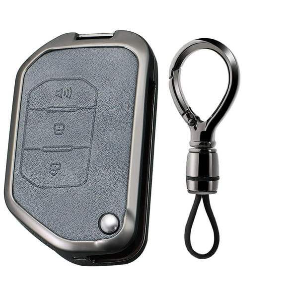 Gray Metal Leather 3 Button Flip Key Fob Cover Fit for Jeep Wrangler JL JLU Gladiator JT Rubicon Sahara JLU 2018-2022 Keyless Key Holder with Keychain