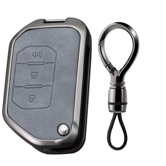 Gray Metal Leather 3 Button Flip Key Fob Cover Fit for Jeep Wrangler JL JLU Gladiator JT Rubicon Sahara JLU 2018-2022 Keyless Key Holder with Keychain