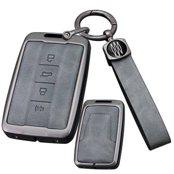 Gray Metal Leather 4 Button Key Fob Cover Compatible with Great Wall TANK 300 500 Tank300 Tank500 GWM WEY for Haval Keyless Key Holder with Keychain
