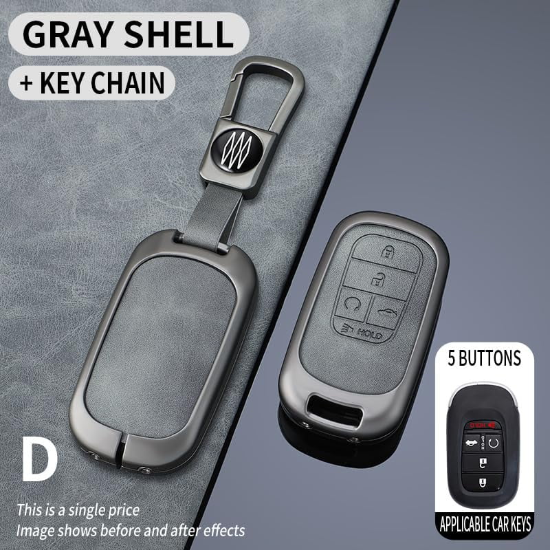 Gray Metal Leather 5 Button Key Fob Cover Fit for Honda Civic 2024 2023 Accord CR-V HR-V V Pilot SI EX EX-L Touring Keyless Key Holder with Keychain