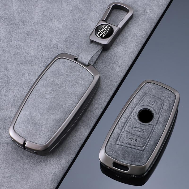 Gray Metal Leather Key Fob Cover Fit for BMW X3 M2 F Series 235ix 320 E90 E92 E93 X5 F10 F20 F30 F40, 1 2 3 4 5 7 series 2017 M4 Accessories Keyless Key Holder with Keychain