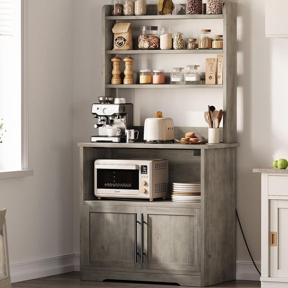 Gray Microwave Stand Bakers Rack with Storage Cabinet – Farmhouse Pantry Hutch with Power Outlets, Thick Table Top, Small Kitchen/Dining Room Storage