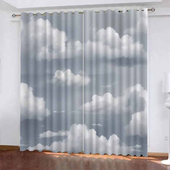 Gray Minimalist Clouds Blackout Curtains Painting White Clouds 3D Darkening Printed Curtain For Nursery Bedroom Living Room Grommet Thermal Insulated Drapes 38"W x 45"L (Pack of 2)