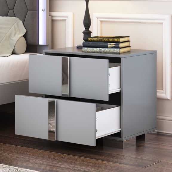 Gray Mirrored Nightstand with 2 Drawers & Metal Foot - MDF Bedside Table for Bedroom or Living Room
