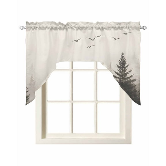 Gray Mist Forest Kitchen Swag Valances for Windows, Vintage Trees Birds Natural Landscape Swag Valances Curtains for Living Room, Rod Pocket Window Treatments for Bathroom, Bedroom, Cafe, 56"x36"