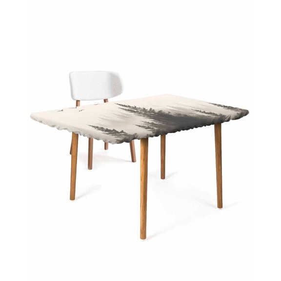 Gray Mist Forest Rectangle Tablecloth, Waterproof Elastic Fitted Table Covers for 4 Foot Tables, 24x50inch Decorative Tablecloths for Picnic, Camping, Outdoor, Vintage Trees Birds Natural Landscape