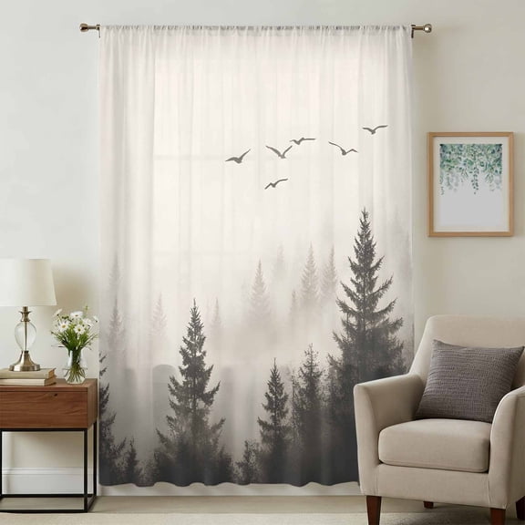 Gray Mist Forest Sheer Curtains 54 Inches Long, Vintage Trees Birds Natural Landscape Light Filering Curtains, Breathable Simi Curtain Privacy Drapes for Kitchen Bathroom Small Window Treatment