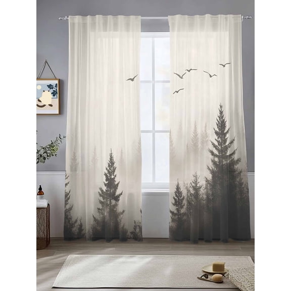 Gray Mist Forest Sheer Curtains for Living Room Bedroom Vintage Trees Birds Natural Landscape Sheer Curtains 108 Inch Long 2 Panels Set Light Filtering Curtain Window Treatments Drapes