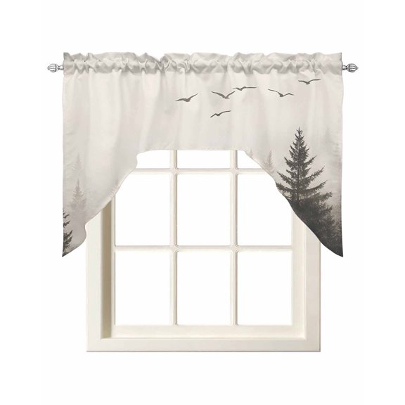 Gray Mist Forest Swag Valances for Windows, Small Curtains Drapes, Vintage Trees Birds Natural Landscape Kitchen Window Curtains Over Sink Window Treatment Valance for Bedroom/Bathroom 56"x36"