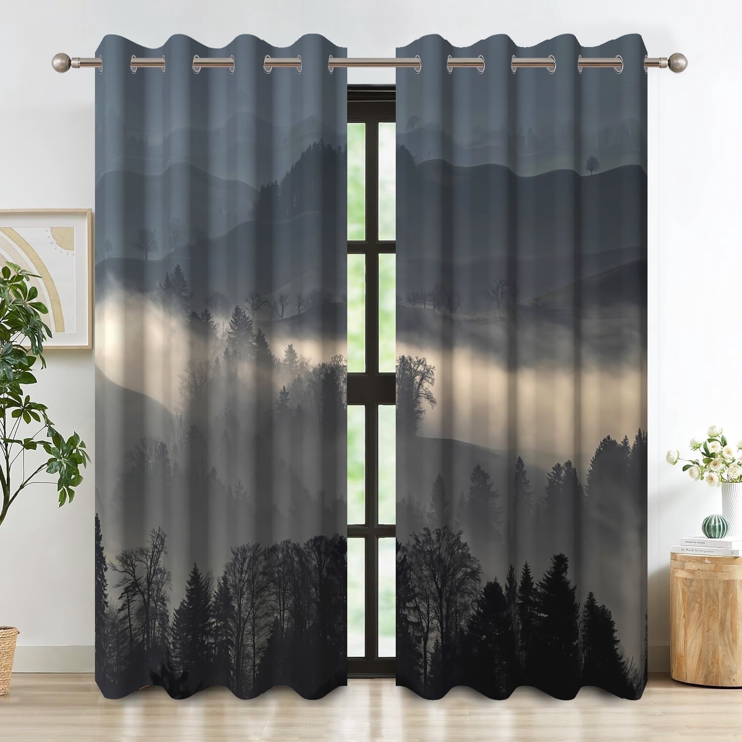 Gray Misty Forest Blackout Curtain for Living Room,Foggy Mountain Thermal Insulated Drapes for Bedroom (52Wx84L,2 Panels)