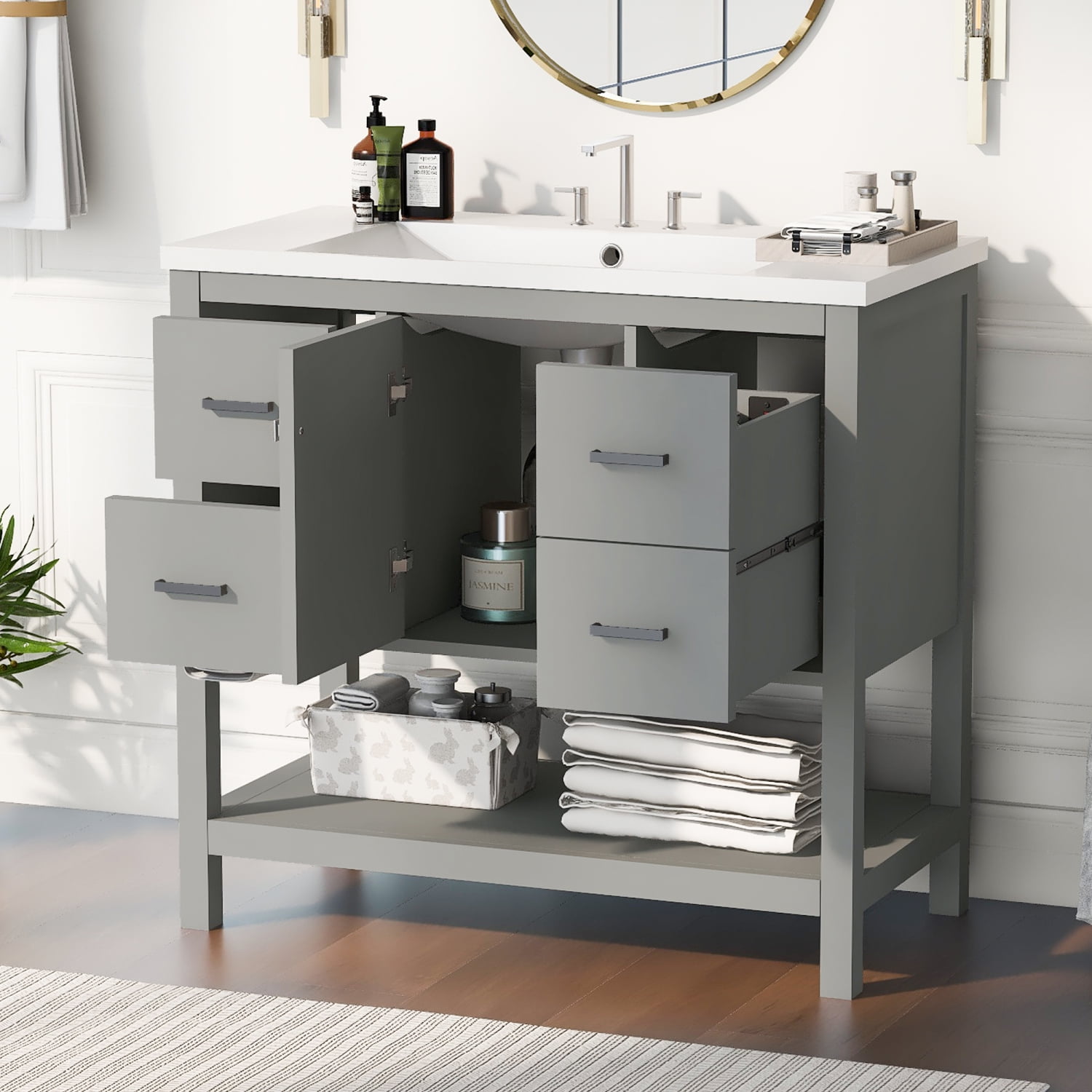 Gray Modern Bathroom Vanity with Two Shallow Drawers One Deep Drawer ...