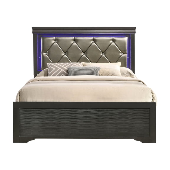 Gray Modern Bed With Construction And Upholstered Headboard Ample Space