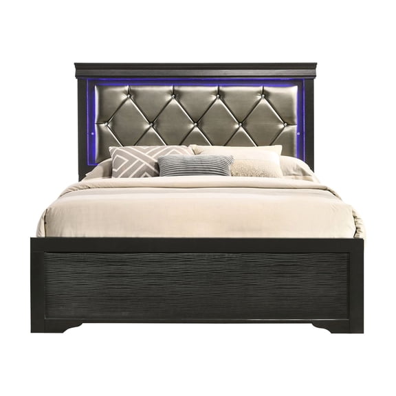Gray Modern Bed With Frame And Luxury Upholstered Headboard Comfortable Wood Sleek Design Led