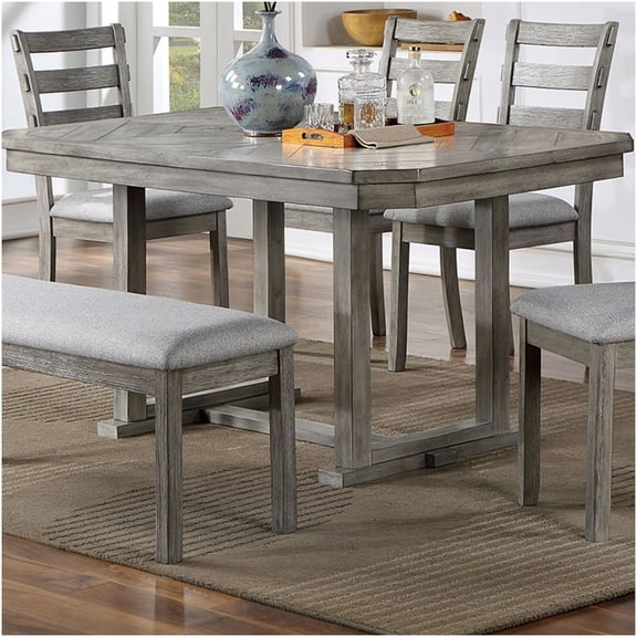 Gray Modern Farmhouse Dining Table with Diamond Wood Grain Top and Wire-Brushed Finish