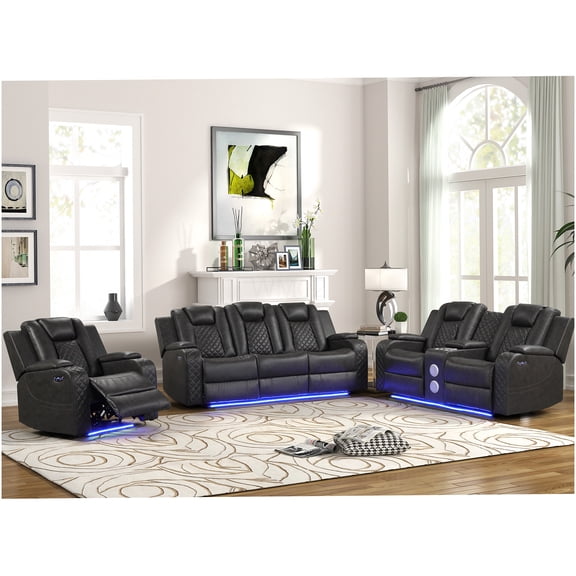 Gray Modern Faux Leather Power Recliner 3-Piece Set with LED Lights and Bluetooth Speakers