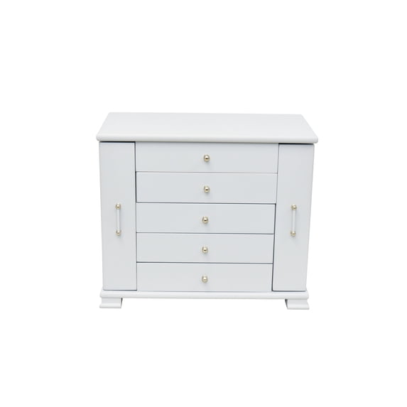 Modern Gray Wooden Jewelry Box with Mirror, 4 Drawers & Side Doors with Necklace Hooks