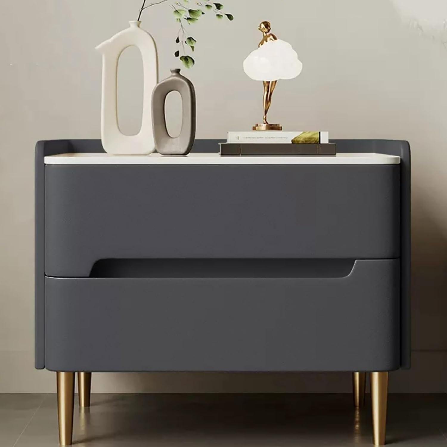 Gray Modern Minimalist Bedroom Solid Wood Bedside Table with Slate ...