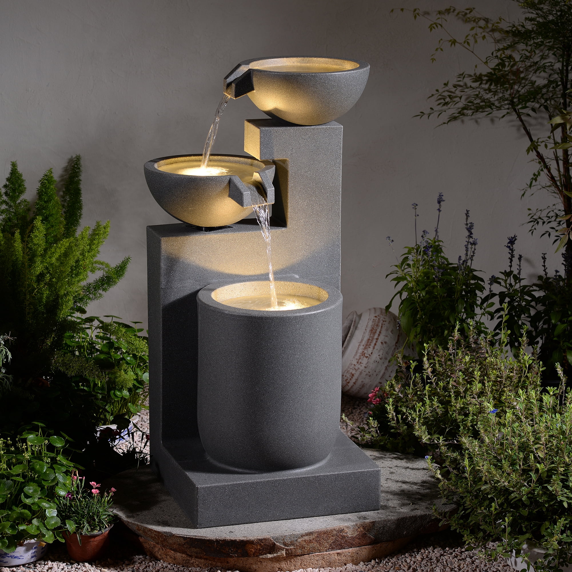 Gray Modern Tiered Bowl Fountain, Decorative Water Fountain with LED Lights and Quiet Pump, Indoor Outdoor Water Feature for Patio, Garden, Deck, Balcony, Office and Home Déco