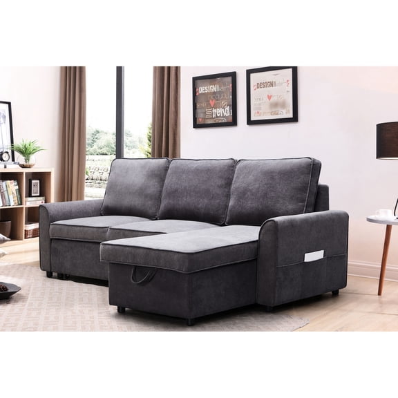 Gray Modular L - Shaped - Sofa Bed with Storage Cabinet - Living Room, Lofts - Easy - to - Operate Bed Mechanism