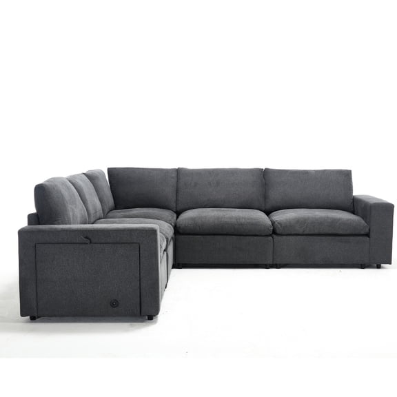 Gray Modular Sofa with Book Storage and Cup Holders / Great for Living Room, Adds Convenience