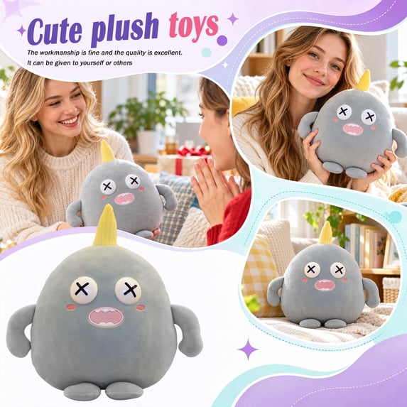 Gray Monster Plush Toy - Cute Soft Stuffed Animal with X-Eye, Kawaii ...