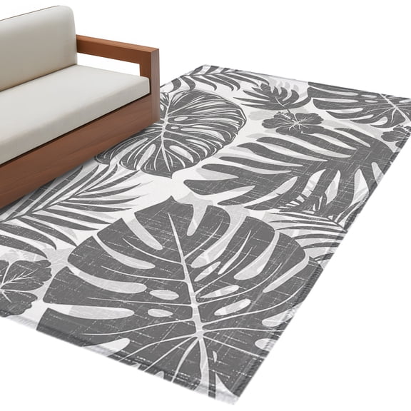 Gray Monstera Area Rug 4x6 Washable Rug Non Slip Palm Tree Leaf Boho Botanical Tropical Large Area Rug Indoor Floor Carpet for Entryway Bedroom Kitchen Living Room Home Office Dining Room Nursery