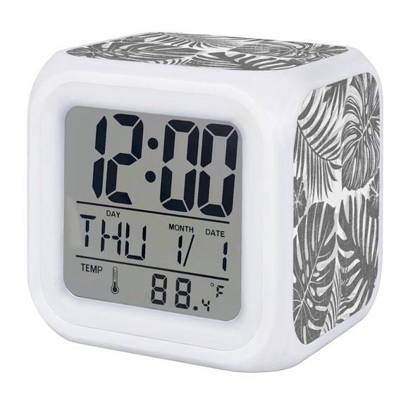 Gray Monstera Digital Alarm Clock for Bedrooms, Smart LED Alarm Clock with 7 Color Changing Night Light, Palm Tree Leaf Boho Botanical Tropical Silent Wake Up Clocks for Sleep Study Cooking 3.2"x3.2"