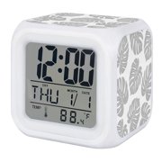 Gray Monstera Leaf Digital Alarm Clock for Bedrooms,Smart LED Alarm Clock with 7 Color Changing Night Light,Tropical Plant Foliage Botanical Boho Silent Wake Up Clocks for Sleep Study 3.2"x3.2"