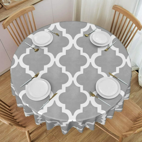 Gray Moroccan Trellis Round Tablecloth 60 Inch Retro Gray Plaid Waterproof Polyester Cloth for Outdoor Picnic, Camping, and Indoor Kitchen Dining Party