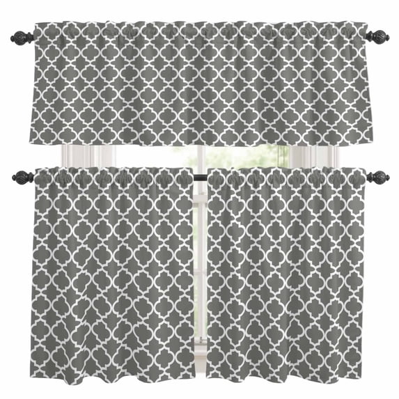 Gray Morocco Kitchen Curtains Sets for Windows 24 Inch Length, Vintage Minimalist Boho Ethnic Pattern Rod Pocket Window Treatments Tier Curtains and Valances Set for Bedroom/Bathroom